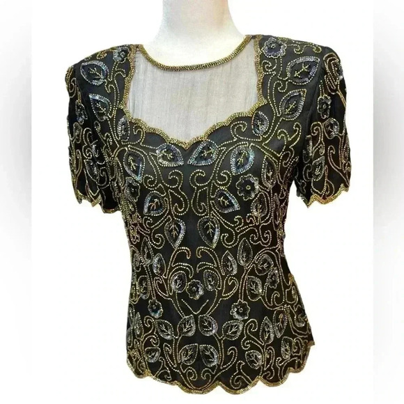 Papell Boutique Tops - Papell Boutique Elegant Vintage Black & Gold Beaded Sequin Size S